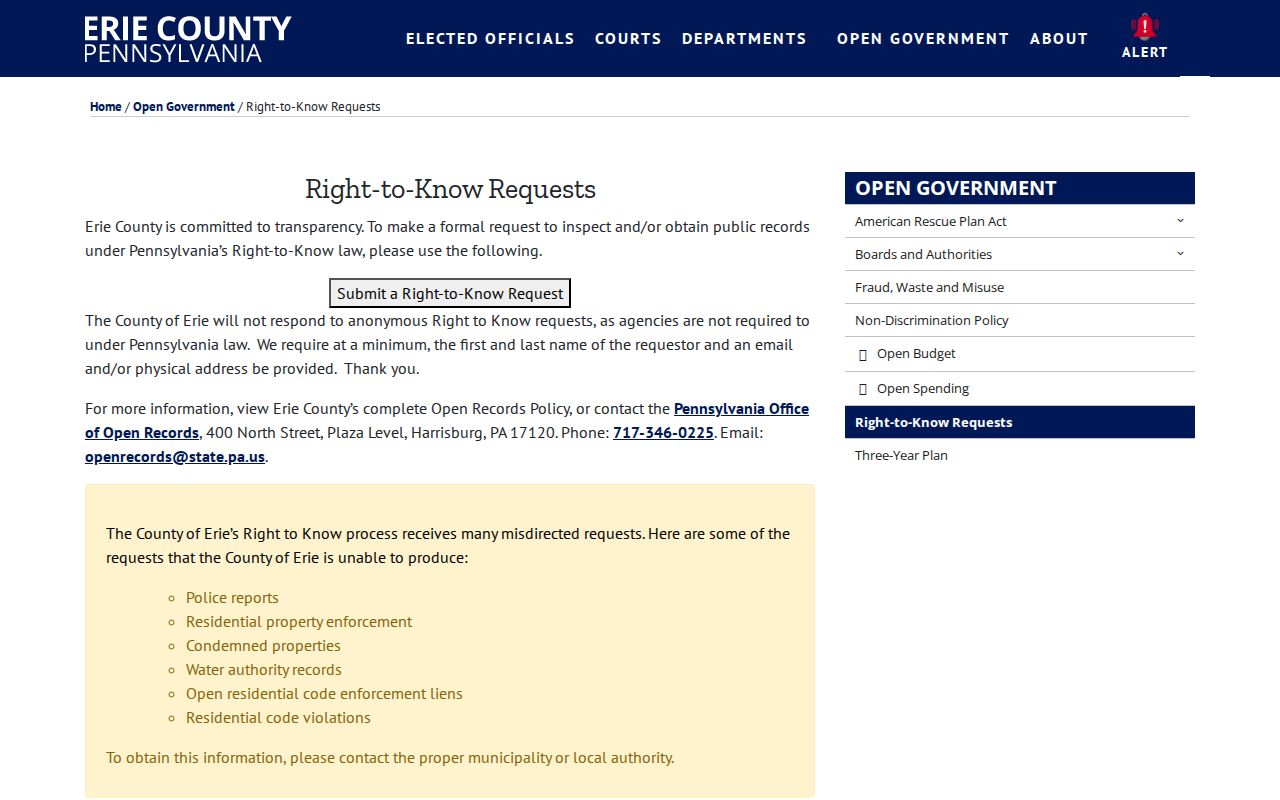 Erie County residents directory Right-to-Know request page