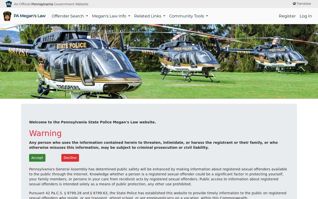 Erie County neighbors Pennsylvania Megan’s Law public safety registry page