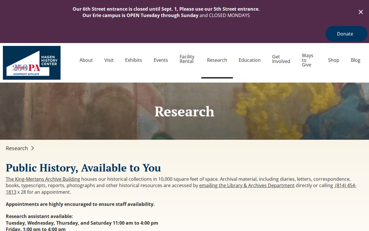 Erie County previous residents archival collections research at Hagen History Center