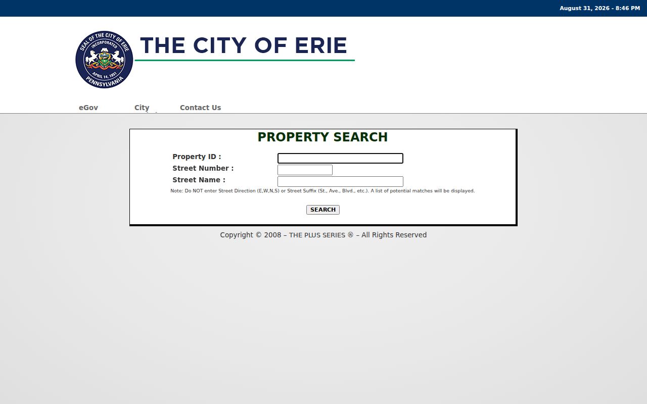 Erie County street directory City eGovPLUS property search fields