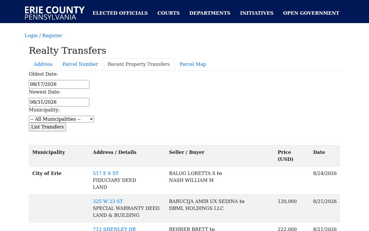 Erie County street directory recent property transfers table